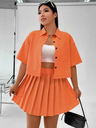 SHEIN Qutie Plus Drop Shoulder Shirt & Pleated Skirt | SHEIN