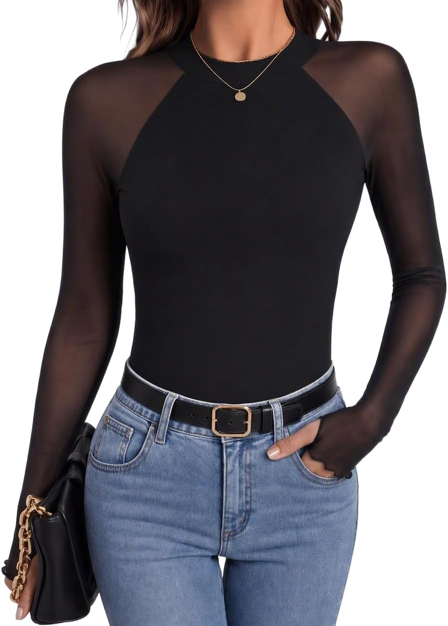 Zeagoo Long Sleeve Shirts for Women Sheer Mesh Top Mock Neck Fitted Blouses | Amazon (US)