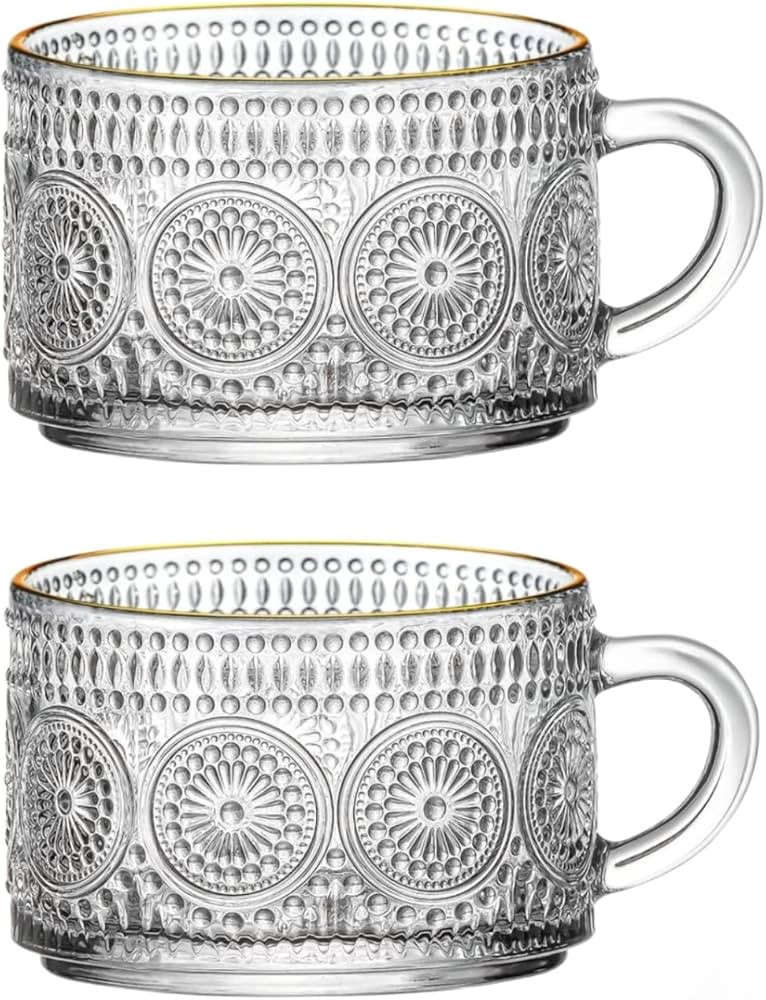 Amzcku Vintage Glass Coffee Mugs, Tea Cup 14 Oz Set of 2 Embossed Glassware with Handle, for Capp... | Amazon (US)
