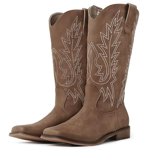 FancyQueen Brown Cowboy Boots for Women - Mid Calf Square Toe Western Cowgirl Boots with Vintage Embroidery, Low Chunky Heel Pull On Country Boots for Rodeo Festival Concert Daily Outfits Size 9.5 | Amazon (US)