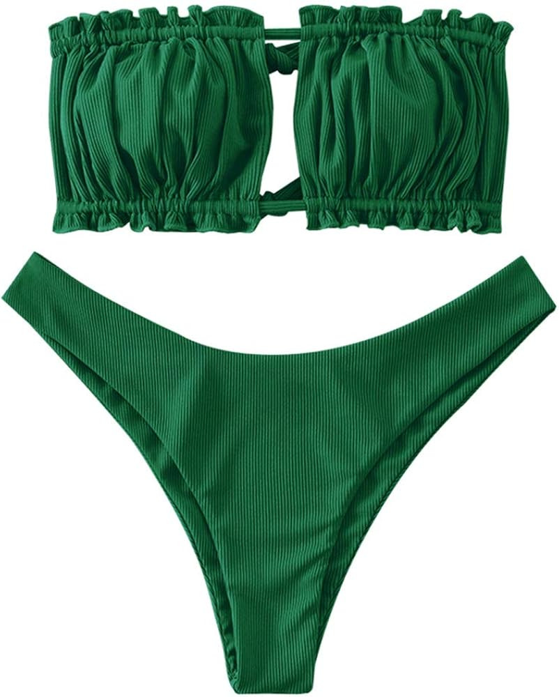 ZAFUL Women's Strapless Ribbed Tie Back Ruffle Cutout Bandeau Bikini Set Swimsuit | Amazon (US)