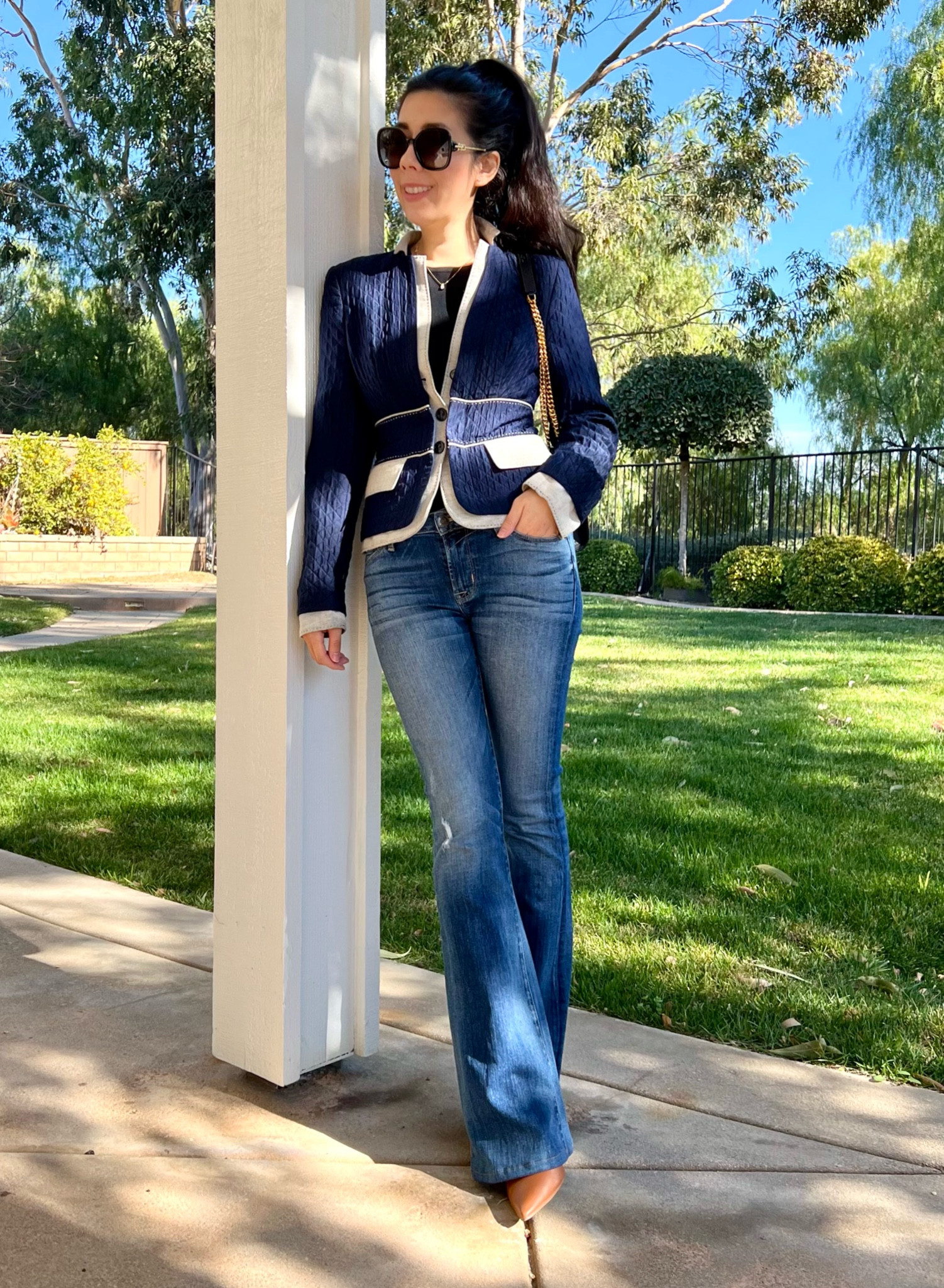 Nothing like a blazer and denim jeans outfit. As much as I love wearing blazers, I find myself integrating it more into my daily looks as opposed to workwear. There’s something a little too formal about blazers in the workplace. Yes, there are instances where it’s appropriate but I often find it a bit too professional. Here, I paired my two toned blazer with high waisted light wash flare jeans. 
#everydaylooks #blazer #oldmoney #jeans 

#LTKWorkwear #LTKStyleTip #LTKSaleAlert