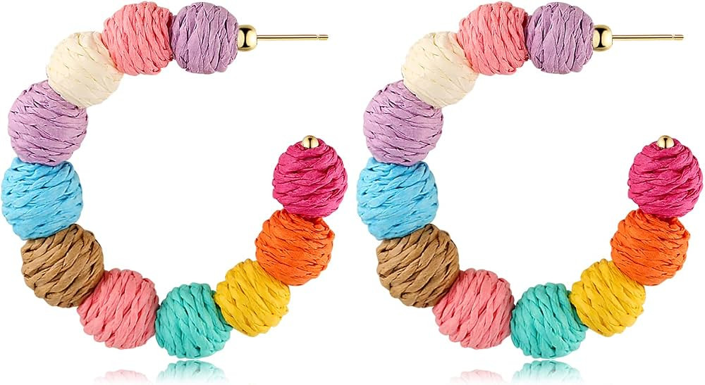 Statement Raffia Earrings for Women Girls Boho Rattan Ball Hoop Dangle Earrings Handmade Bohemia ... | Amazon (US)