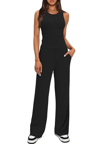 Darong Women's 2 Piece Outfits Lounge Sets Sleeveless Tank Tops Wide Leg Pants Sets Tracksuits Match Sets 9054A(inseam28-29) Black L | Amazon (US)