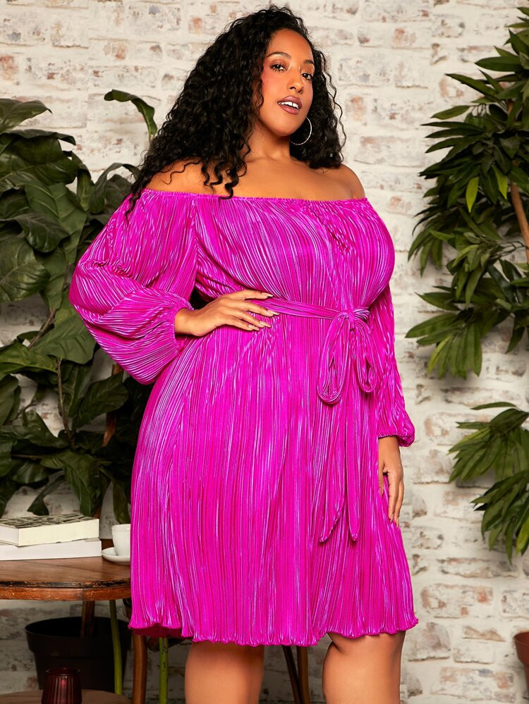 SHEIN FIT+ Plus Off Shoulder Lantern Sleeve Plisse Belted Dress | SHEIN