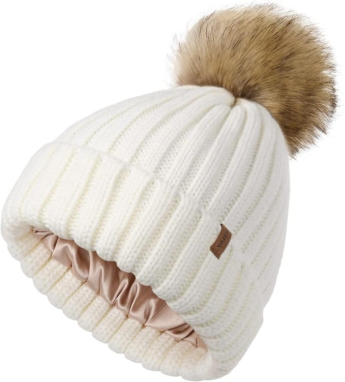 FURTALK Womens Winter Beanie Hat Satin Lined Faux Fur Pom Pom Beanies Hat for Women Winter Warm K... | Amazon (US)