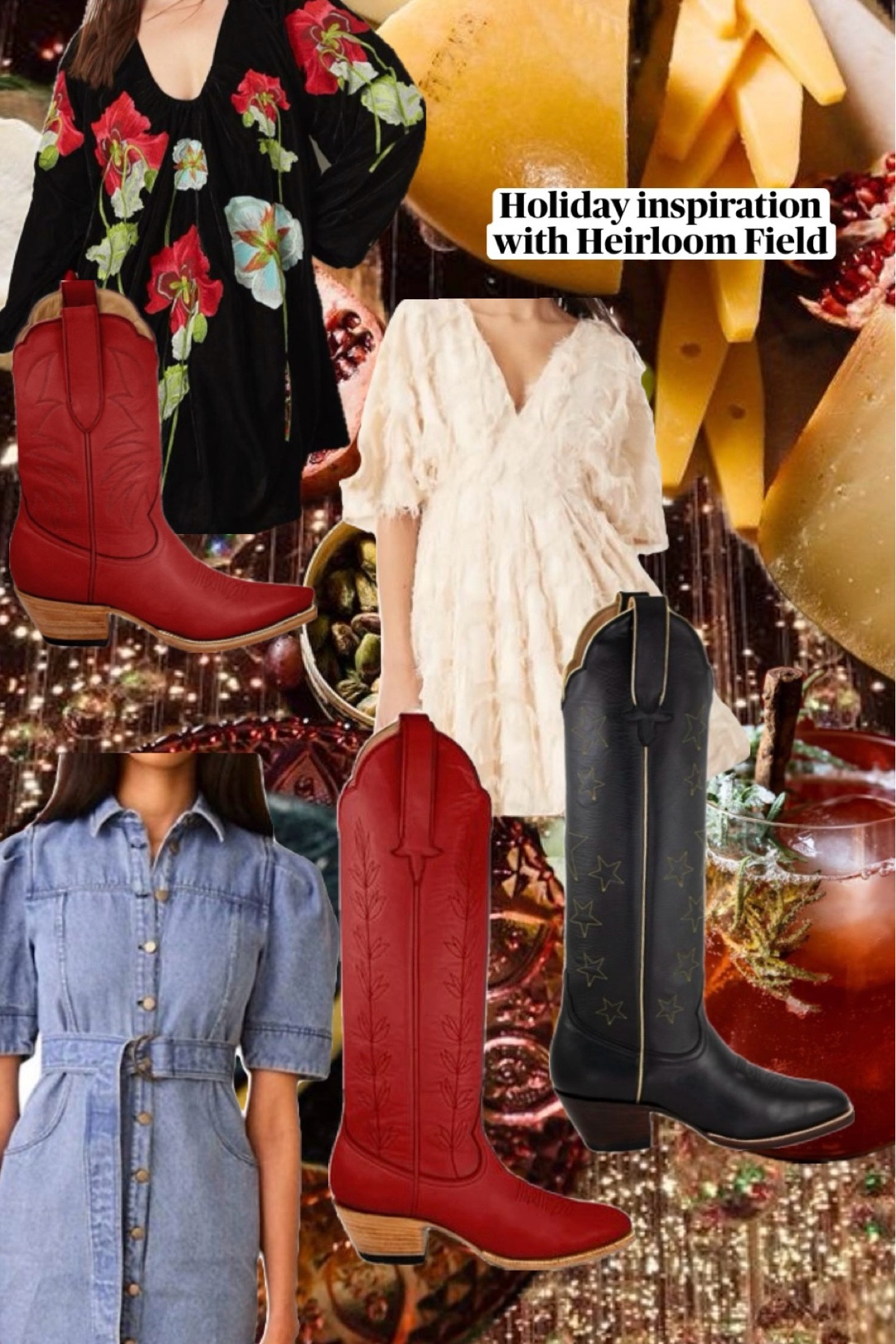 Holiday outfit inspiration! ✨❤️

- Velvet Embroidered Floral Plunge Neck Mini Dress  
  This stunning and versatile dress is perfect for holiday parties and beyond!

- Textured Mini Dress with Cinched Waist in Stone  
  Perfect for holiday events or year-round! Great for family photos as well!

- Denim Mini Dress  
  A timeless staple that transitions seamlessly from casual outings to festive occasions. Perfect for year-round wear and timeless too!

- Heirloom Field Red Taylor Midi Boots  
  These eye-catching red boots brighten up any outfit and make a bold holiday statement!

- Heirloom Field Tall Red Vine Boots  
  These stylish 17” boots are buttery soft and perfect for holiday festivities and beyond.

- Heirloom Field Tall Black and Gold Star Boots  
  These boots add a touch of glam to your wardrobe and keep you comfortable all season long!

Why I Love These Pieces:
- Versatile for Every Occasion
- Timeless Appeal
- Comfortable and Cute!

#LTKGiftGuide #LTKFamily #LTKHoliday