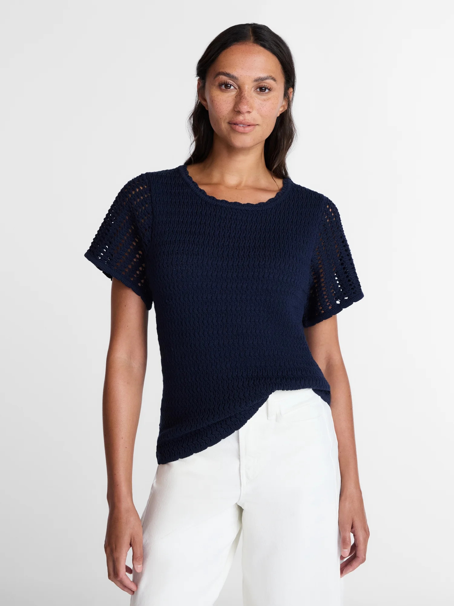 Time and Tru Women's Textured Crewneck Sweater with Short Sleeves, Lightweight, Sizes XS-XXXL | Walmart (US)