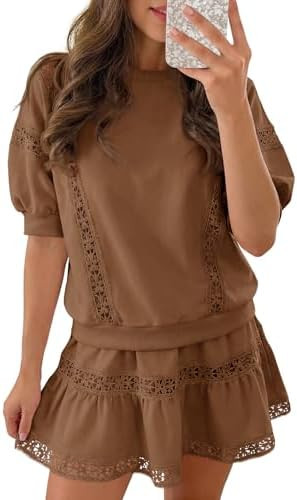 Fisoew 2 Piece Skirt Sets for Women Lace Trim Outfit Short Puff Sleeve Cute Sets Coquette Summer ... | Amazon (US)