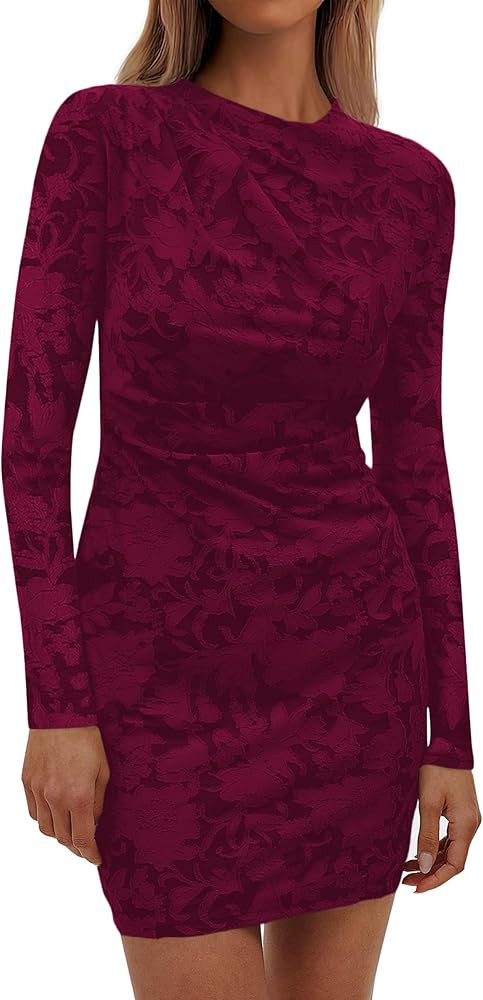 PRETTYGARDEN Women's Fall Bodycon Dresses 2025 Sexy Long Sleeve Ruched Lace Floral Mini Party Dre... | Amazon (US)