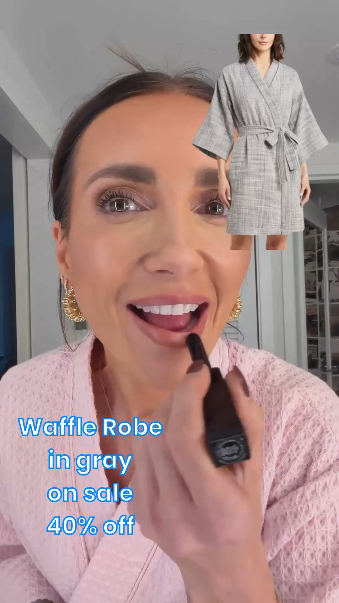 Waffle robe in gray on sale, 40% off.

Lip combo - lip liner in wherever walnut, lipstick in 222, gloss in frosting

#LTKSaleAlert #LTKBeauty