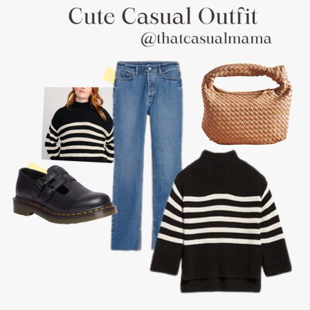 Cute casual outfit. striped sweater, bootcut jeans, Mary Jane shoes, woven bag. #thanksgiving #thanksgivingoutfit #businesscasual #workwear #officeoutfit #teacheroutfit #friendsgiving 

#LTKHoliday #LTKshoecrush #LTKHolidaySale