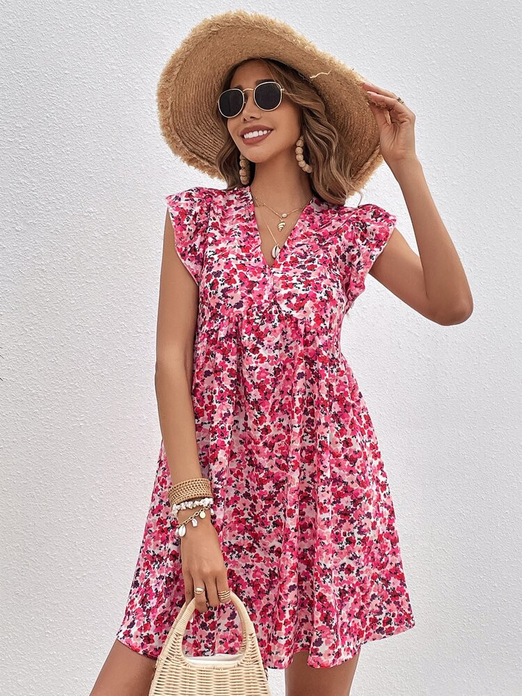 SHEIN Frenchy Allover Floral Print Ruffle Trim Smock Dress | SHEIN