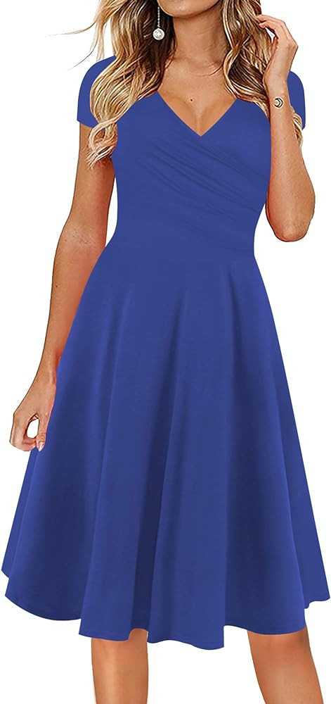 oxiuly Women's Casual Dresses Criss-Cross V-Neck Floral Flare Midi Summer Dress OX233 | Amazon (US)