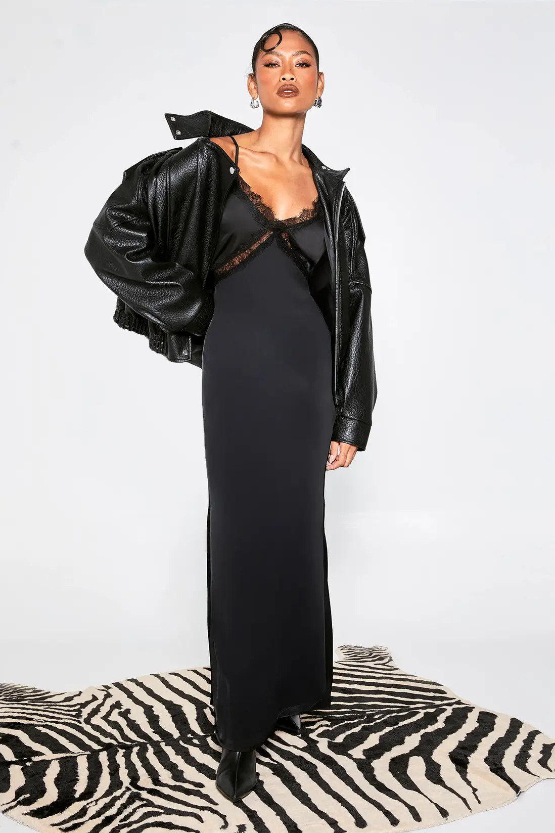 Black Satin Lace Trim Maxi Slip Dress | Boohoo | Boohoo.com (UK & IE)