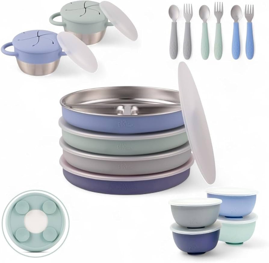 Elk and Friends Kids Stainless Steel Mealtime Bundle | Plates, Bowls, Snack Cups + Toddler Utensi... | Amazon (US)