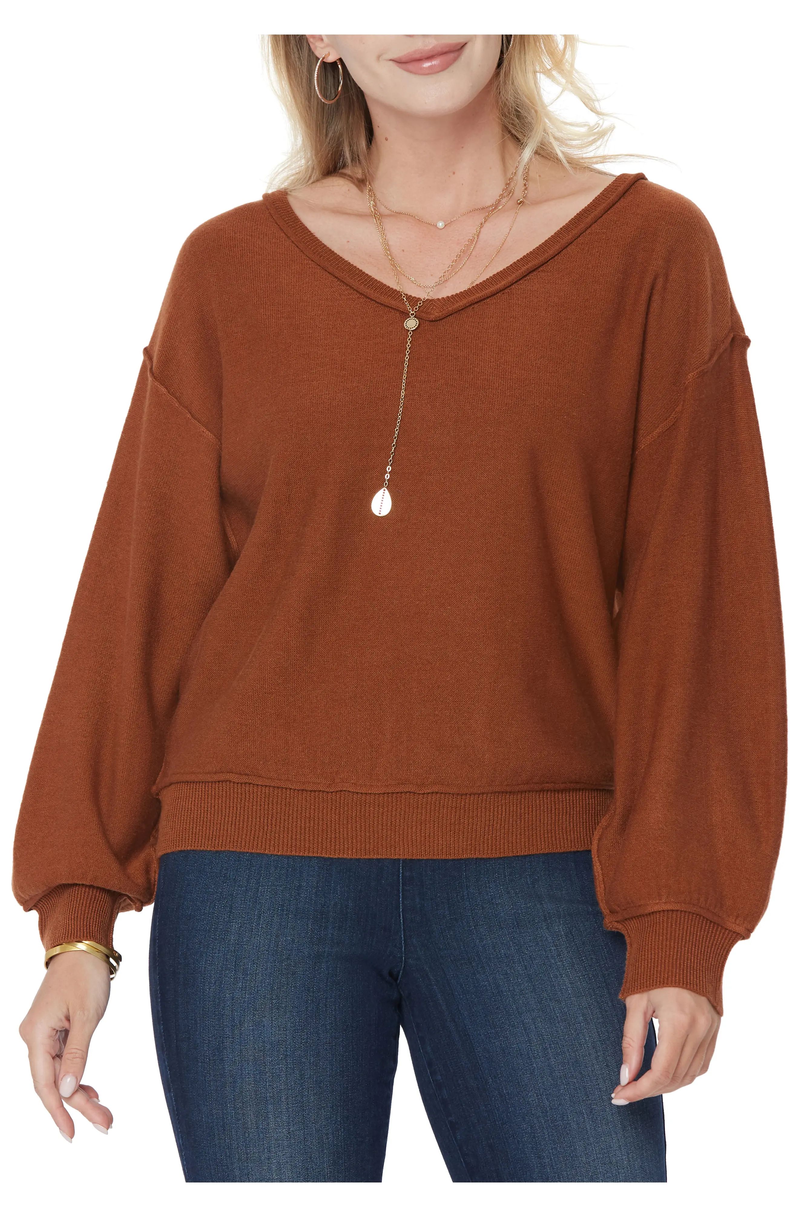 Women's Nydj Blouson Sleeve V-Neck Sweater, Size X-Small - Brown | Nordstrom