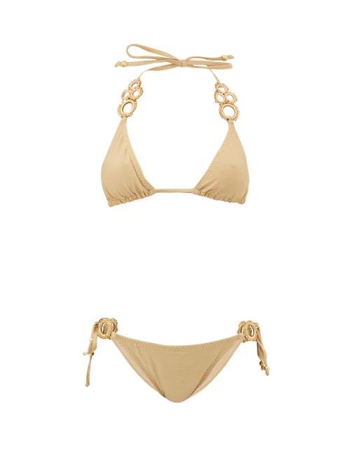 My Beachy Side - Haluc Beaded Crochet-strap Lamé Triangle Bikini - Womens - Gold | Matches (US)