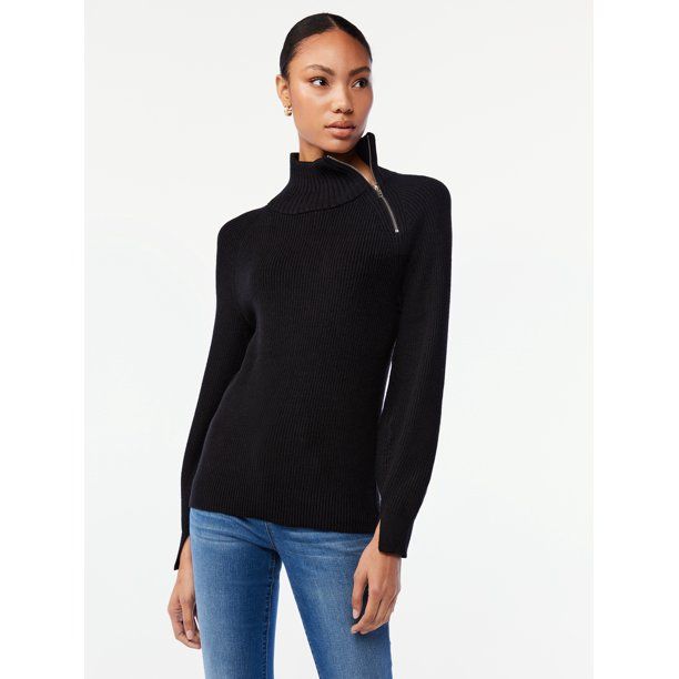 Scoop Women's Blouson Sleeve Sweater with Zip Neck - Walmart.com | Walmart (US)