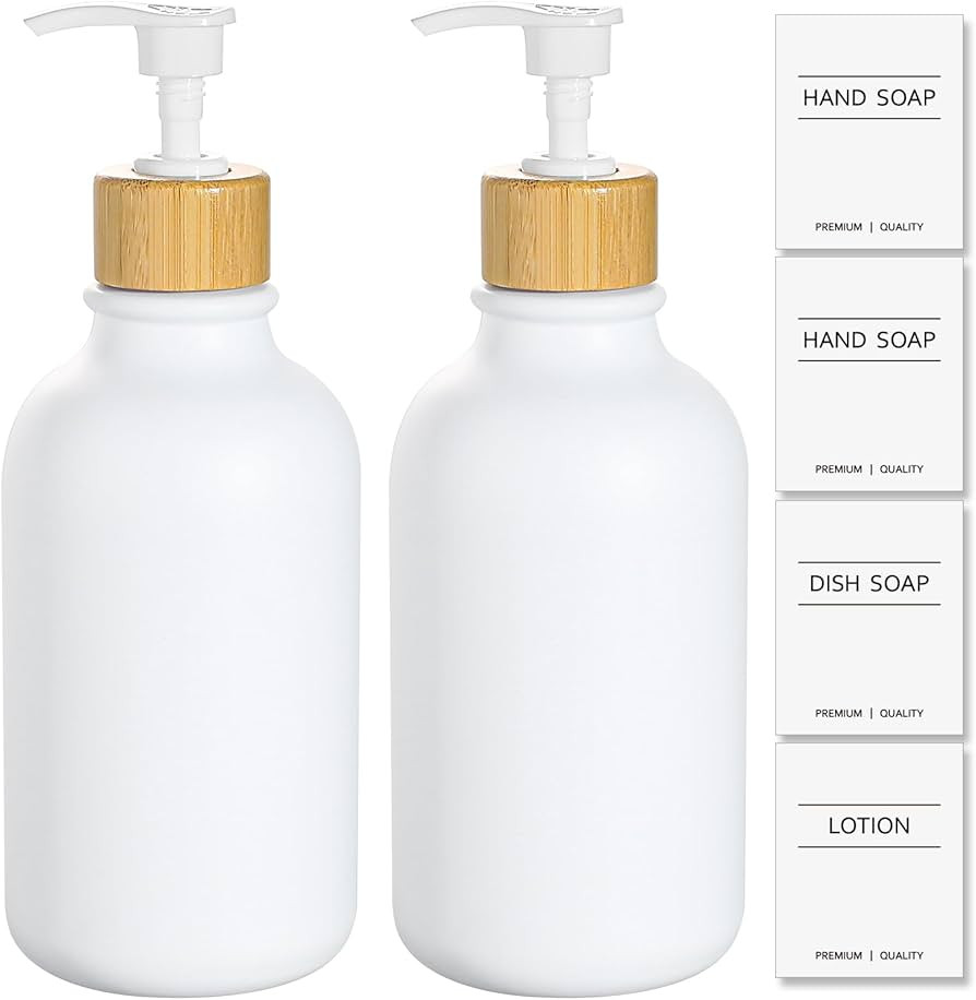 White Soap Dispenser, 2 Pack Plastic Bathroom Hand Soap and Lotion Dispenser Set with Bamboo Pump, 16 Oz Hand and Dish Soap Dispensers Set for Kitchen, Refillable Liquid Soap Bottles | Amazon (US)