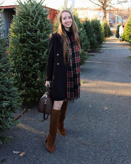 Holiday outfit! 
.
Winter outfit holiday party outfit Christmas outfit black coat brown knee high boots tartan plaid scarf 

#LTKstyletip #LTKHoliday #LTKSeasonal