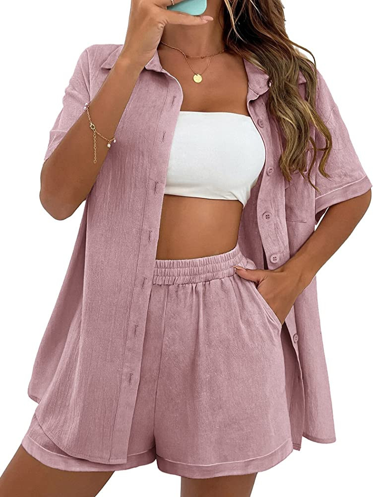 Zeagoo Women's 2 Piece Casual Tracksuit Outfit Sets Cotton Linen Short Sleeve Button Down Shirt a... | Amazon (US)