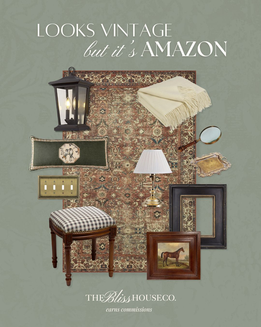 Vintage inspired decor finds from Amazon! Cozy blanket, equestrian print, antique frames, decorative accents, charming lamps, pattern area rug, affordable home decor.

Amazon home 

 #LTKHome #LTKFindsUnder100