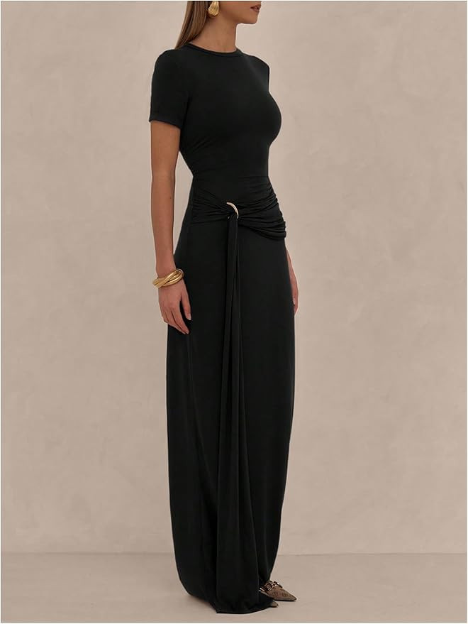 Milumia Women's Ring Tie Knot Bodycon Dress Crew Neck Short Sleeve Maxi Dresses | Amazon (US)
