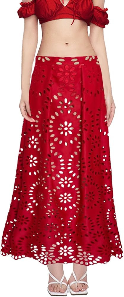 Ypser Eyelet Beach Maxi Skirt A-Line Hollow Out Long Skirt Cover Up for Swimsuits 2025 | Amazon (US)