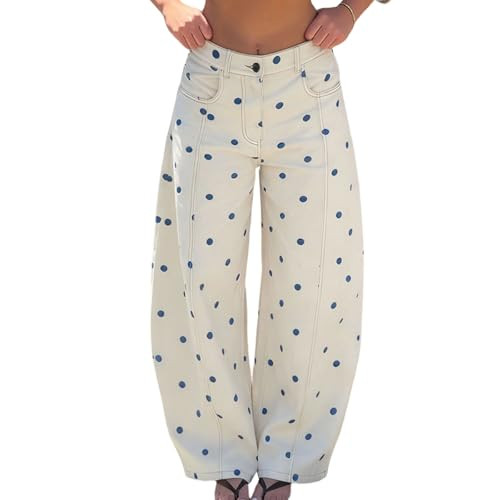 Yoawdats Women's Polka Dot Pattern Barrel Jeans Casual Wide Leg Mid Rise Denim Pants Y2K Boyfrien... | Amazon (US)