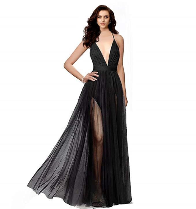 Night Glamour Women's Elegant Prom Dresses deep v-Neckline Back Tulle Sleeveless Long Party Prom... | Amazon (US)