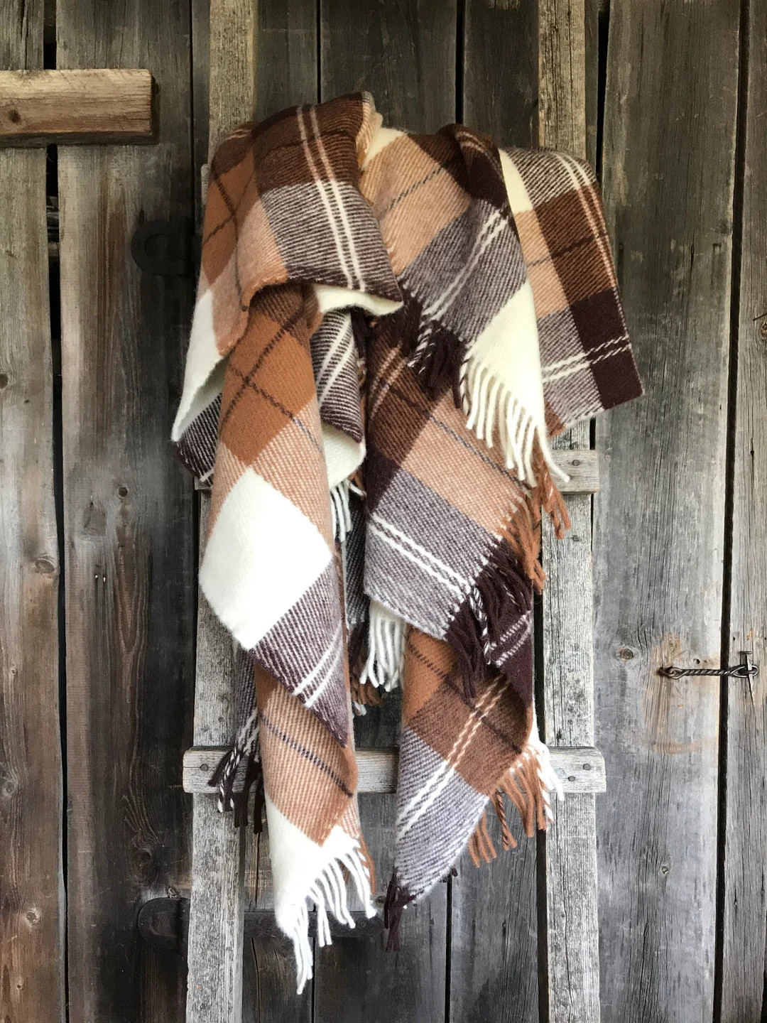 XL Size Brown/beige Classic Check Wool Throw Blanket With Fringes Pure Wool Throw Blanket Large L... | Etsy (US)