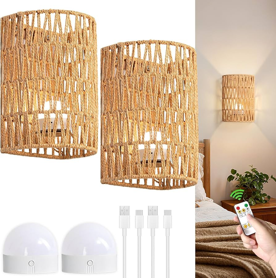 Battery Wall Sconces Set of 2, Rattan Rechargeable Wall Sconce, Boho Wireless Wall Lamp with Remo... | Amazon (US)