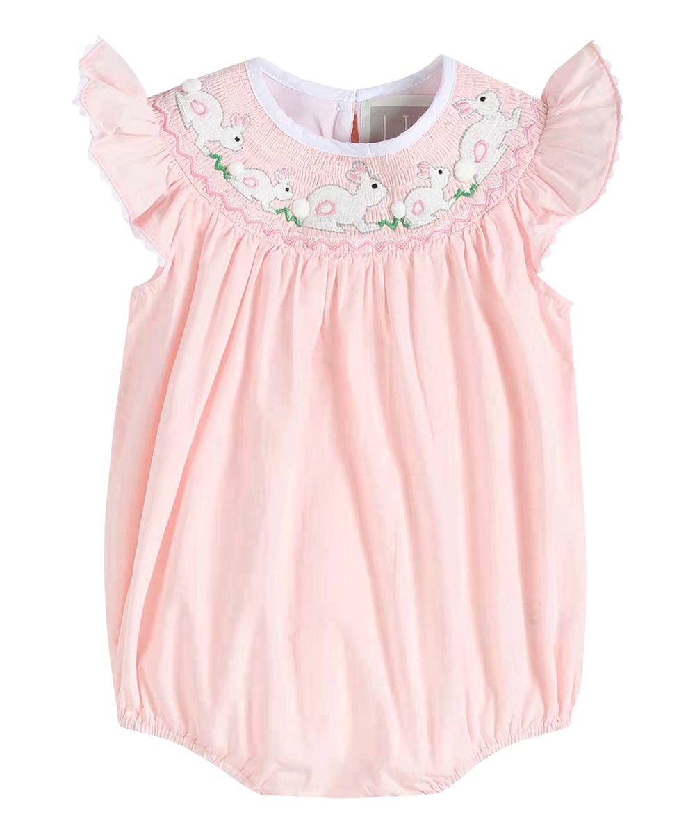 Lil Cactus Girls' Rompers Pink - Pink Running Bunnies Smocked Flutter-Sleeve Romper - Infant | Zulily