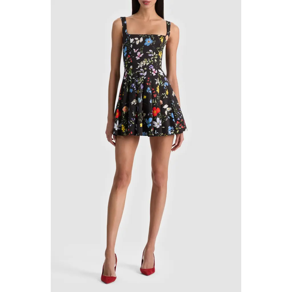 ALICE + OLIVIA Veda Floral Pleated Stretch Cotton Minidress in Twisting Vines Black at Nordstrom Rack, Size 2 | Nordstrom Rack