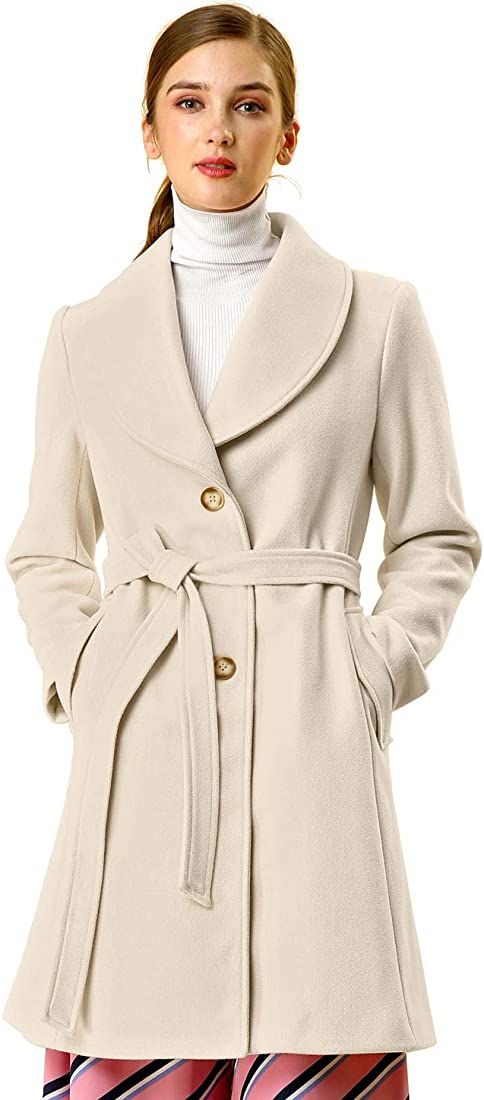 Amazon.com: Allegra K Women's Shawl Collar Single Breasted Winter Long Belted Coat Medium Beige :... | Amazon (US)