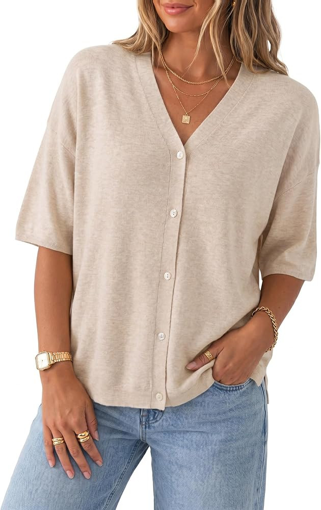 Arach&Cloz Women's Wool Blend Oversized Elbow Sleeve Summer Casual Cardigan | Amazon (US)