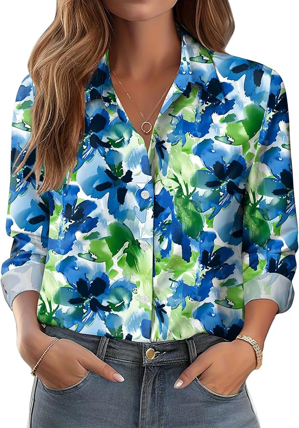 Zeagoo Button Down Shirts for Women Dressy Floral Printed Long Sleeve Blouse Business Casual Work... | Amazon (US)