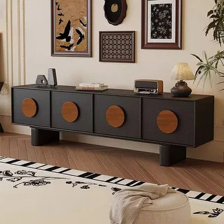 71" Mid Century Modern Black TV Stands, With Solid Wood Veneer, 4 Cabinets Media Console - Bed Ba... | Bed Bath & Beyond