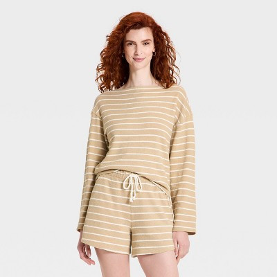 Women's Long Sleeve Boat Neck T-Shirt - Universal Thread™ Tan Striped S | Target