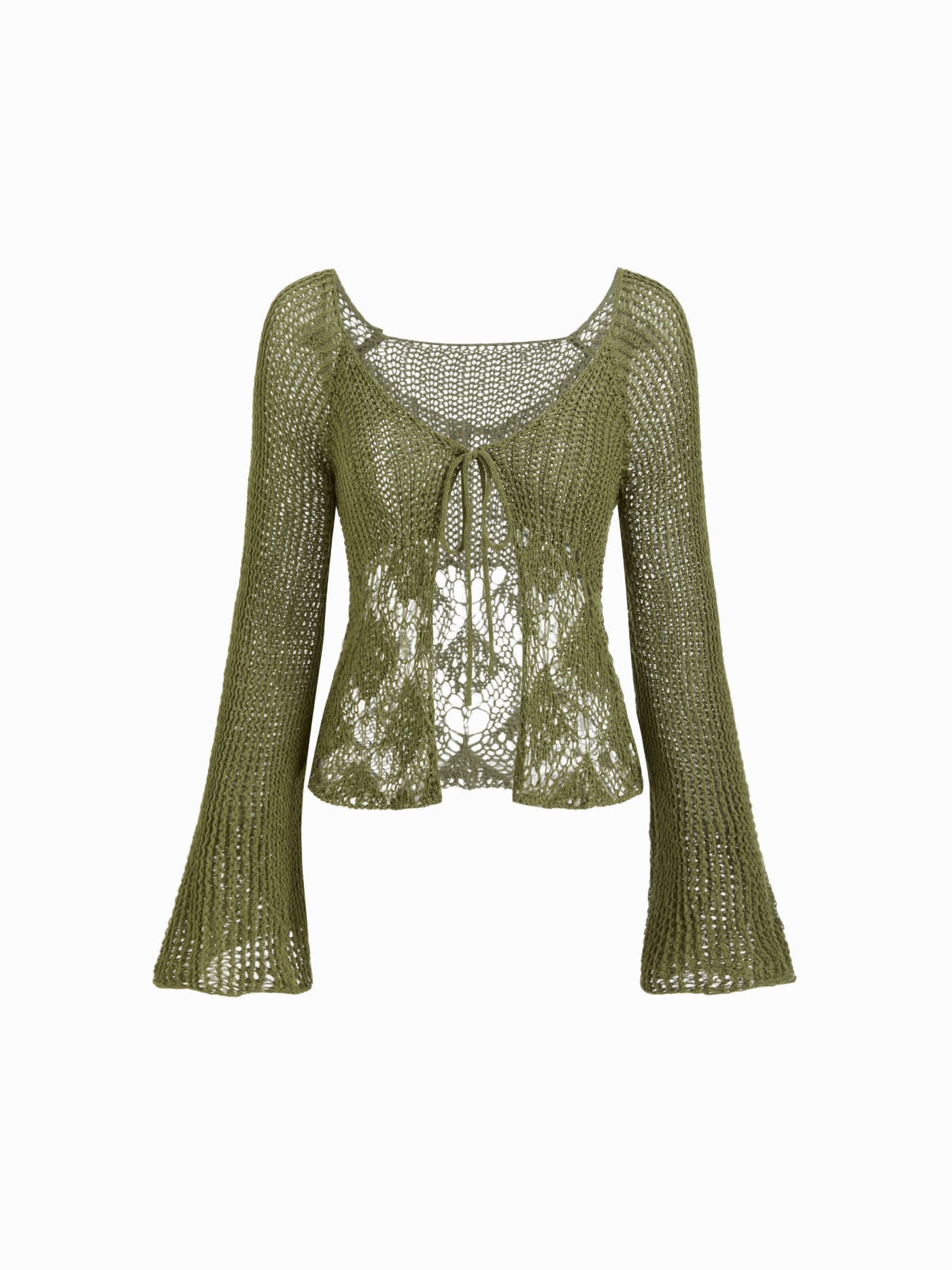 Knit Fabric Knit V-neck Bell Sleeve Hollow Out Knotted See-through Top For Daily Casual | Cider