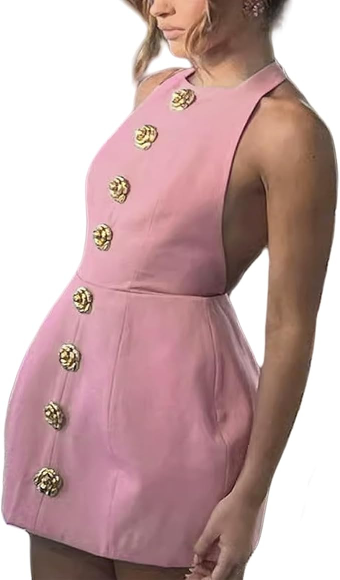 Women's Elegant Halter Sleeveless Tweed Mini Dress Rose Open Back Party Club Cocktail Evening Dre... | Amazon (US)