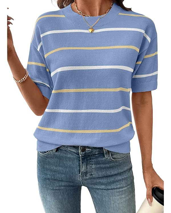 SHEWIN Womens Tops Crewneck Short Sleeve Sweater Pullover Knit Striped Shirt Spring Outfits for W... | Amazon (US)