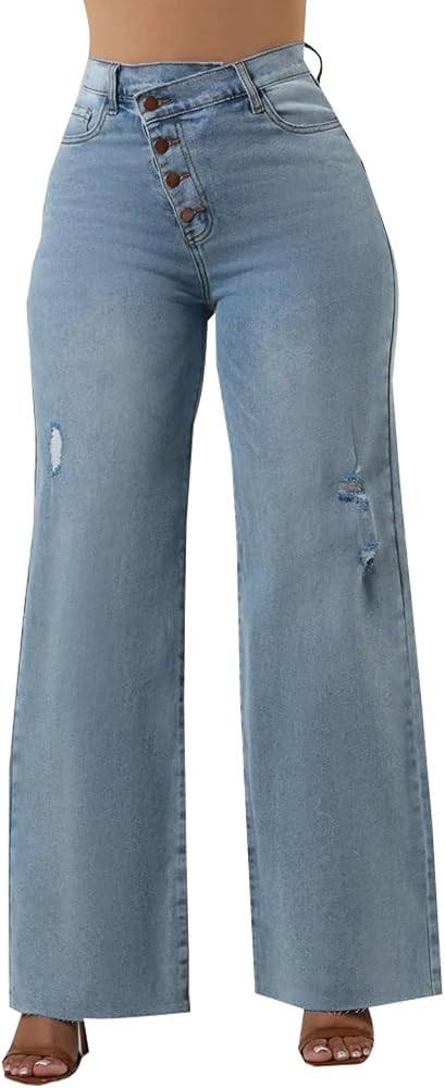 Women's Wide Leg Straight Jeans High Waisted Baggy Stretch Loose Denim Pants | Amazon (US)
