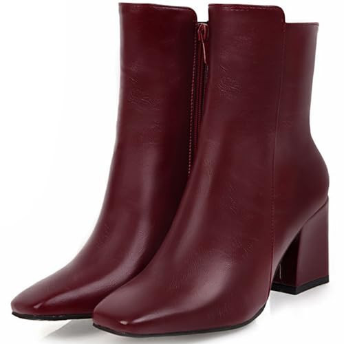 Caradise Womens Burgundy Booties High Chunky Heeled Boots Zip Up Square Toe Ankle Booties Size 9 B(M) US,Burgundy | Amazon (US)
