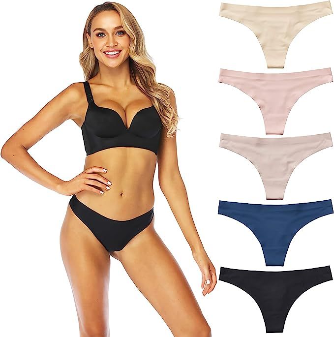 Amorfati Seamless Thong Underwear for Women No Show Thong Panties Invisble Laser Cut Underwear 5 ... | Amazon (US)
