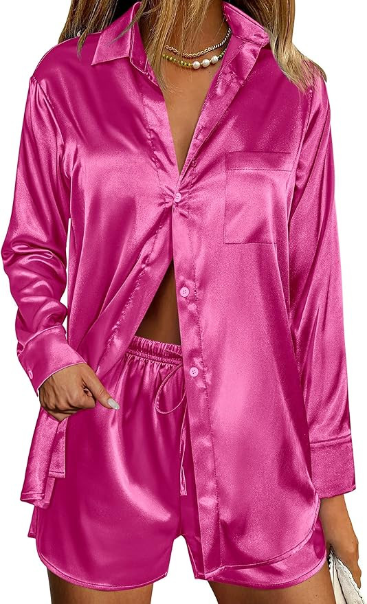Ekouaer Womens Two Piece Satin Pajama Set Long Sleeve Lounge Sets Button Down Shirts and Shorts P... | Amazon (US)