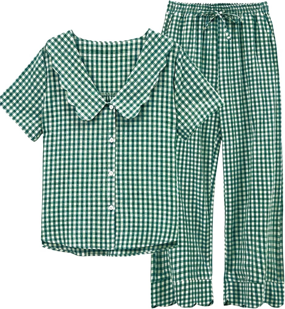 Tanming Womens Gingham 2 Piece Pajamas Sets Puff Sleeve Babydoll Shirt Ruffle Pants Pj Lounge Set... | Amazon (US)