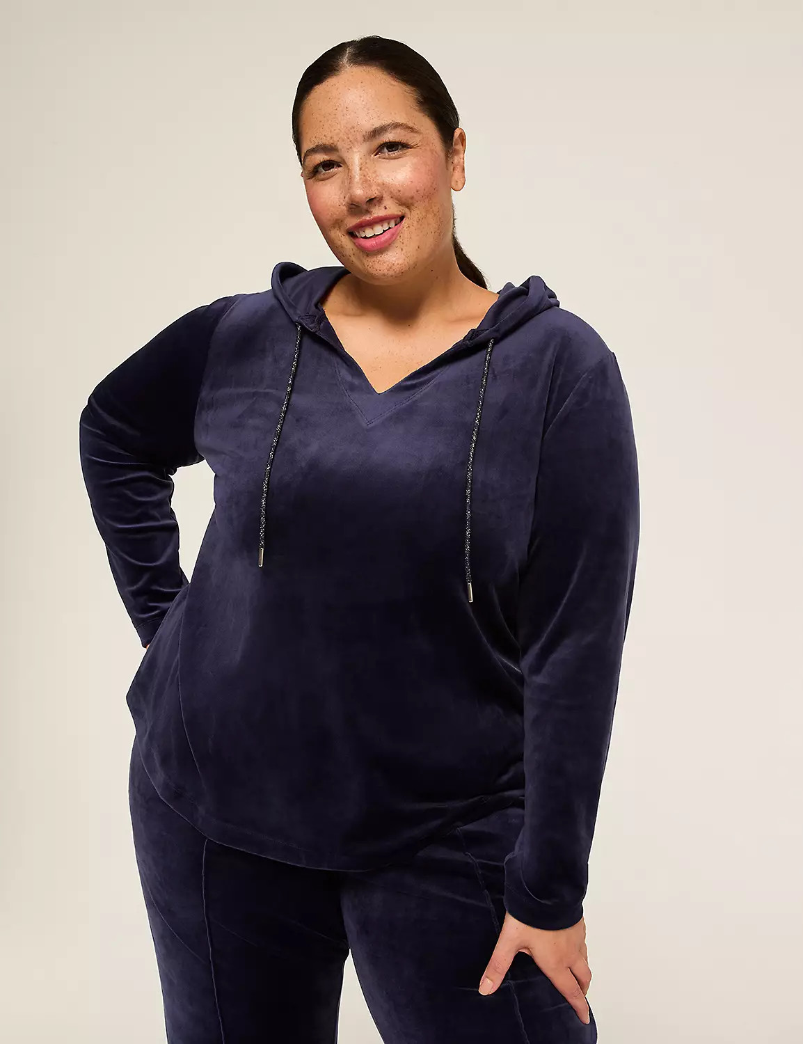 LIVI V-Neck Velour Hoodie | LaneBryant | Lane Bryant (US)