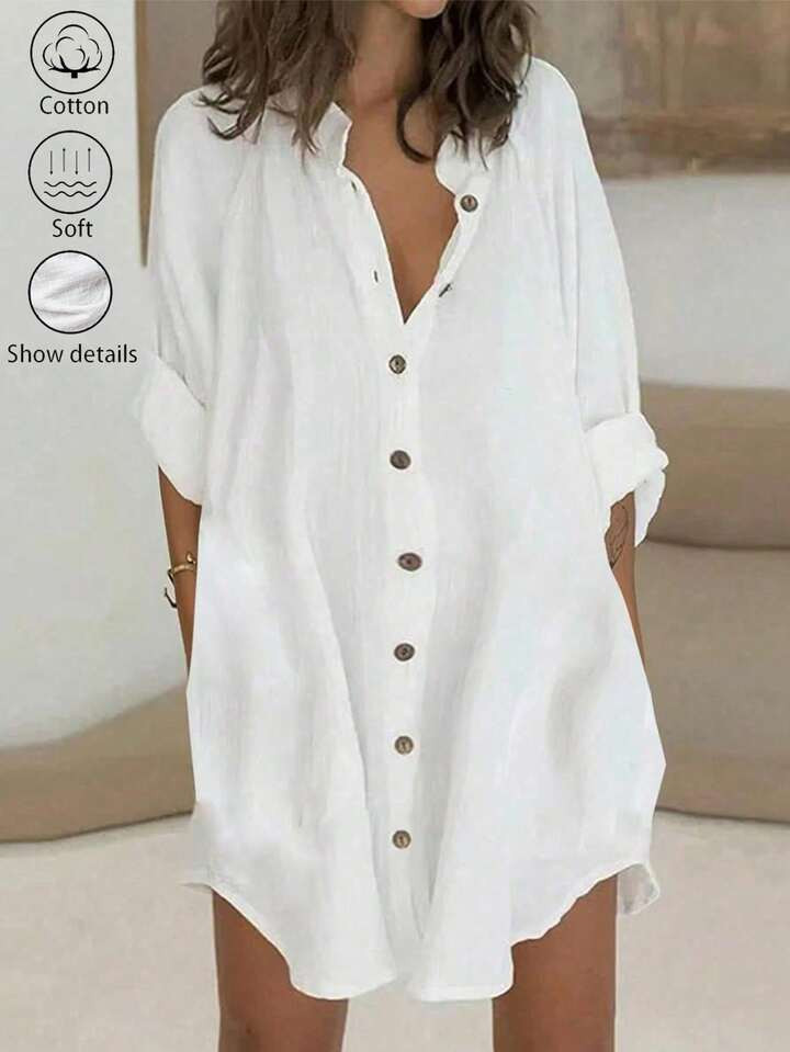 SHEIN LUNE Solid Color Textured Button Front Shirt Dress Fall Cloth For Womens  | SHEIN